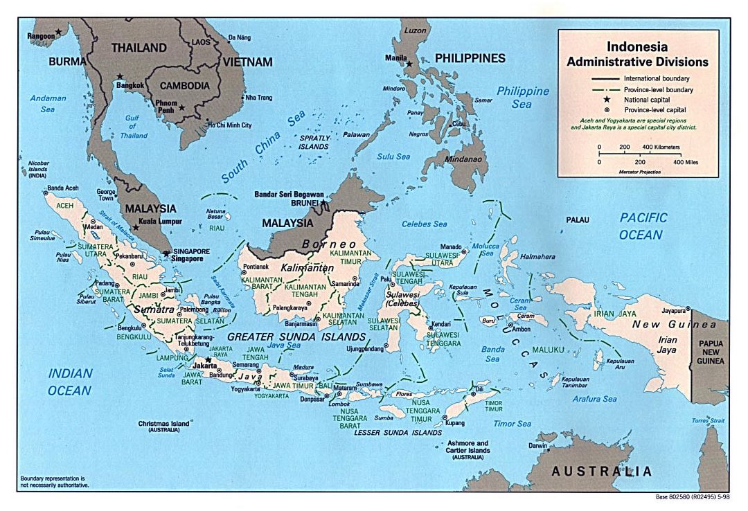 Grande mapa de administrativas divisiones de Indonesia con principales ciudades - 1998
