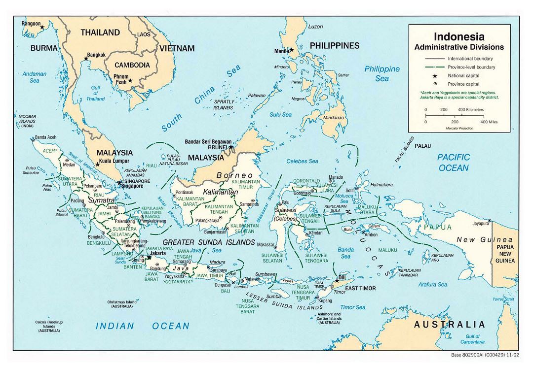 Grande mapa de divisiones administrativas de Indonesia con principales ciudades - 2002