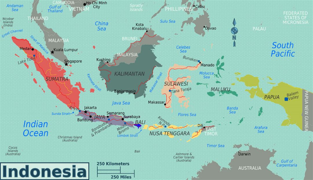 Grande mapa de regiones de Indonesia