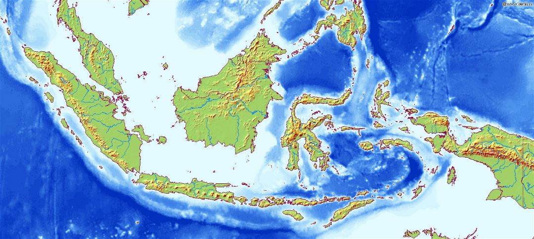 Grande mapa en relieve de Indonesia