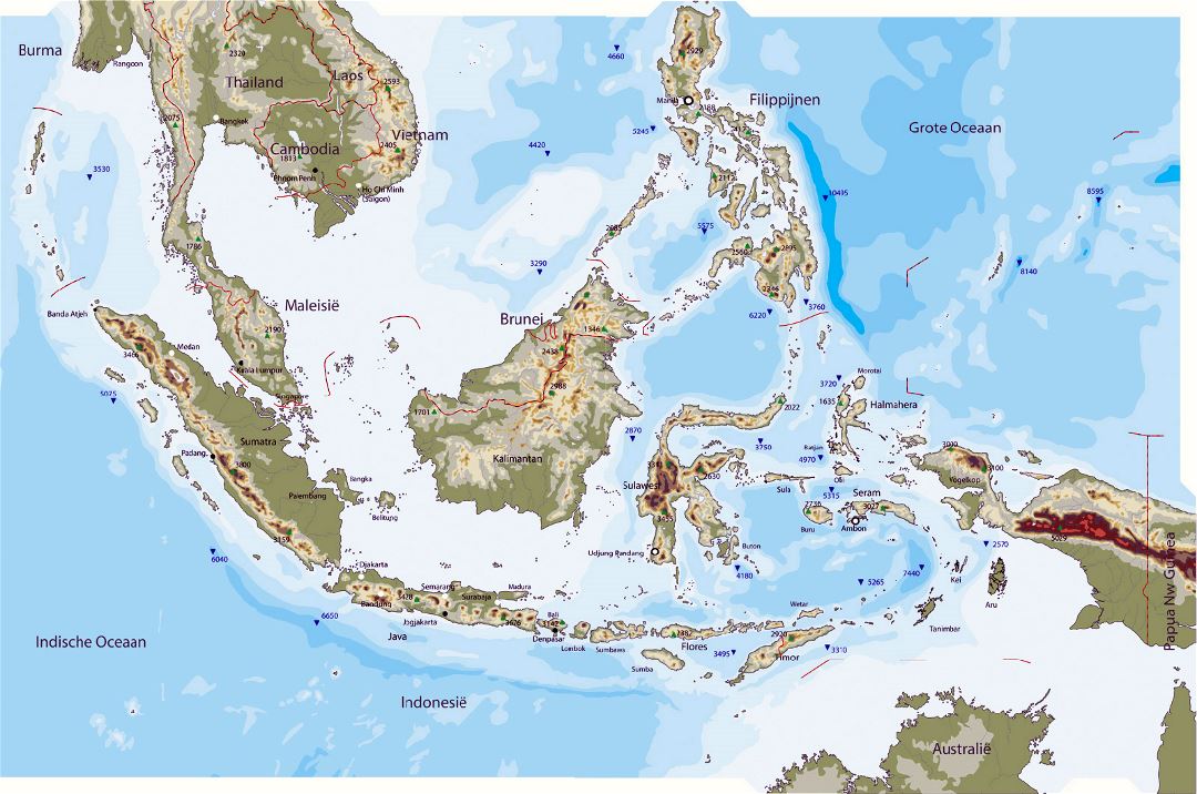 Grande mapa físico de Indonesia