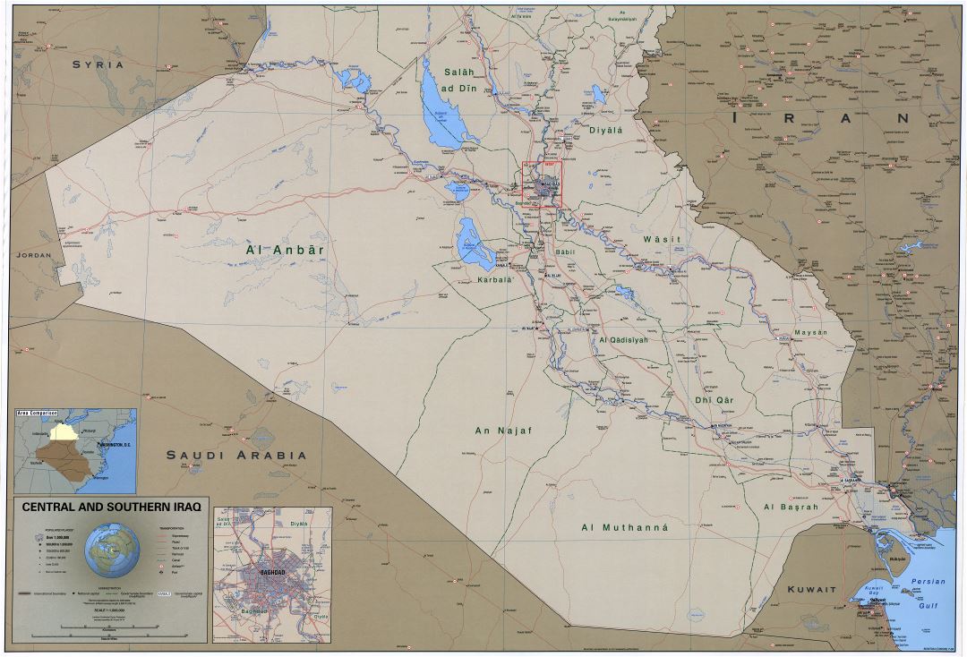 A gran escala detallado mapa político y administrativo del centro y sur de Irak con carreteras, ferrocarriles, ciudades, puertos, aeropuertos y otras marcas - 2004