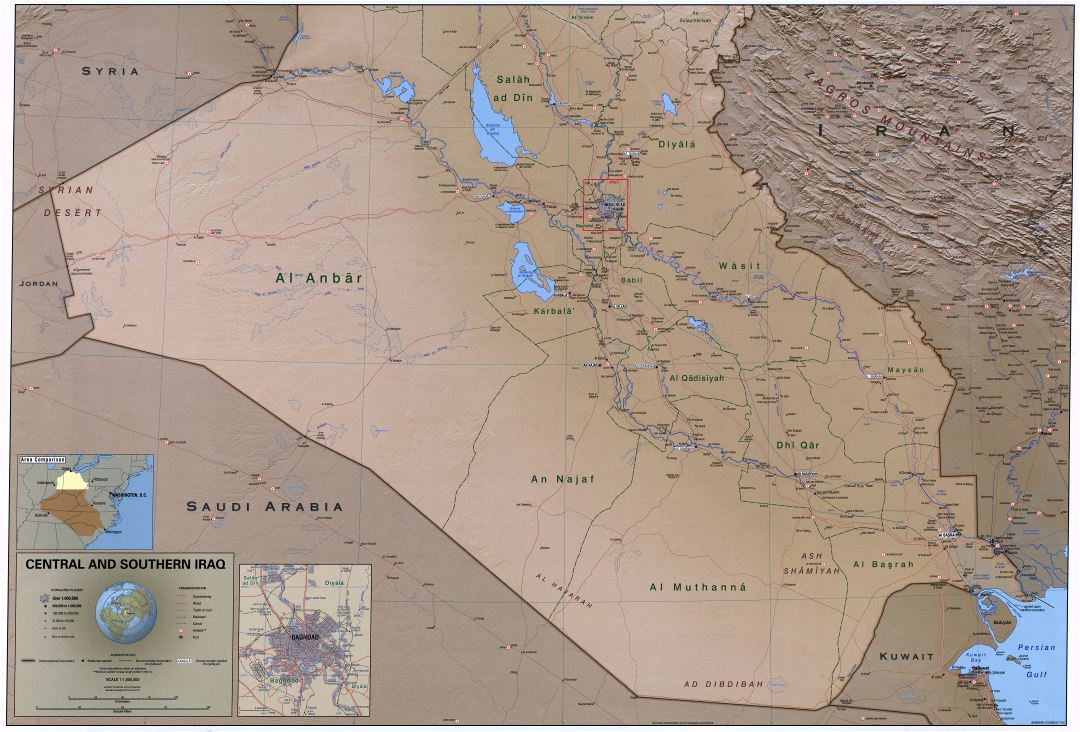 A gran escala detallado mapa político y administrativo del centro y sur de Irak con relieve, carreteras, ferrocarriles, ciudades, puertos, aeropuertos y otras marcas - 2004