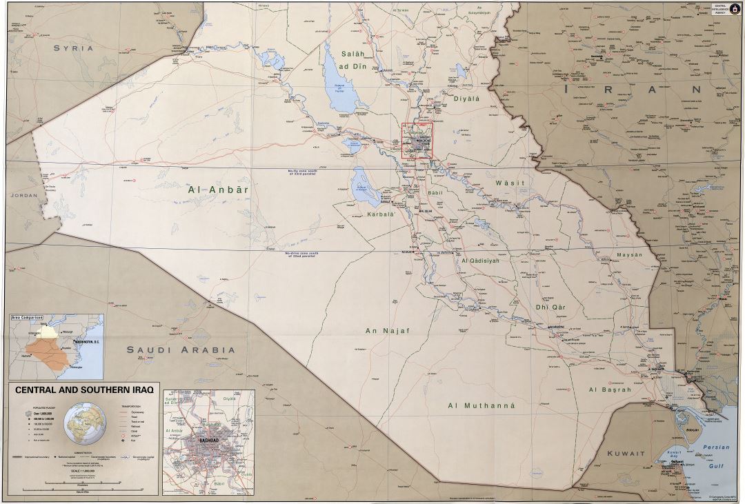 A gran escala detallado mapa político y administrativo del centro y sur de Iraq con carreteras, ferrocarriles, ciudades, puertos, aeropuertos y otras marcas - 2003