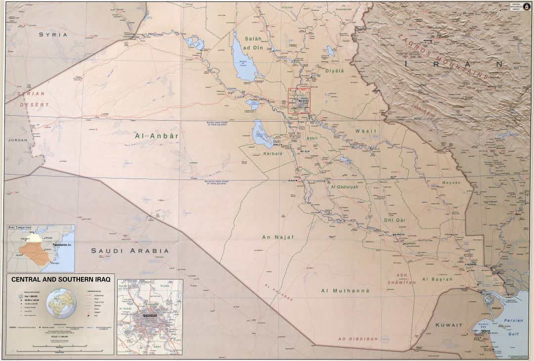 A gran escala detallado mapa político y administrativo del centro y sur de Iraq con socorro, carreteras, ferrocarriles, ciudades, puertos, aeropuertos y otras marcas - 2003