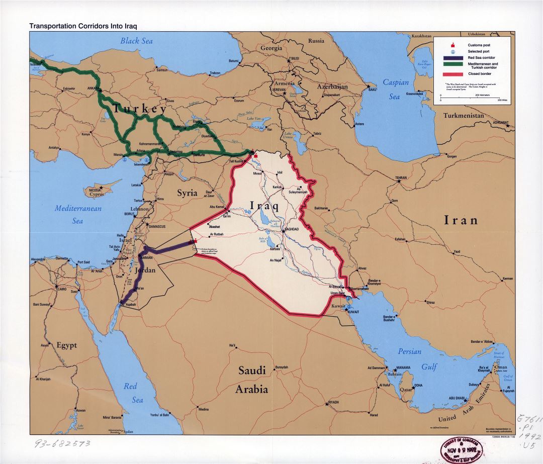 A gran escala mapa de corredores de transporte a Iraq - 1992