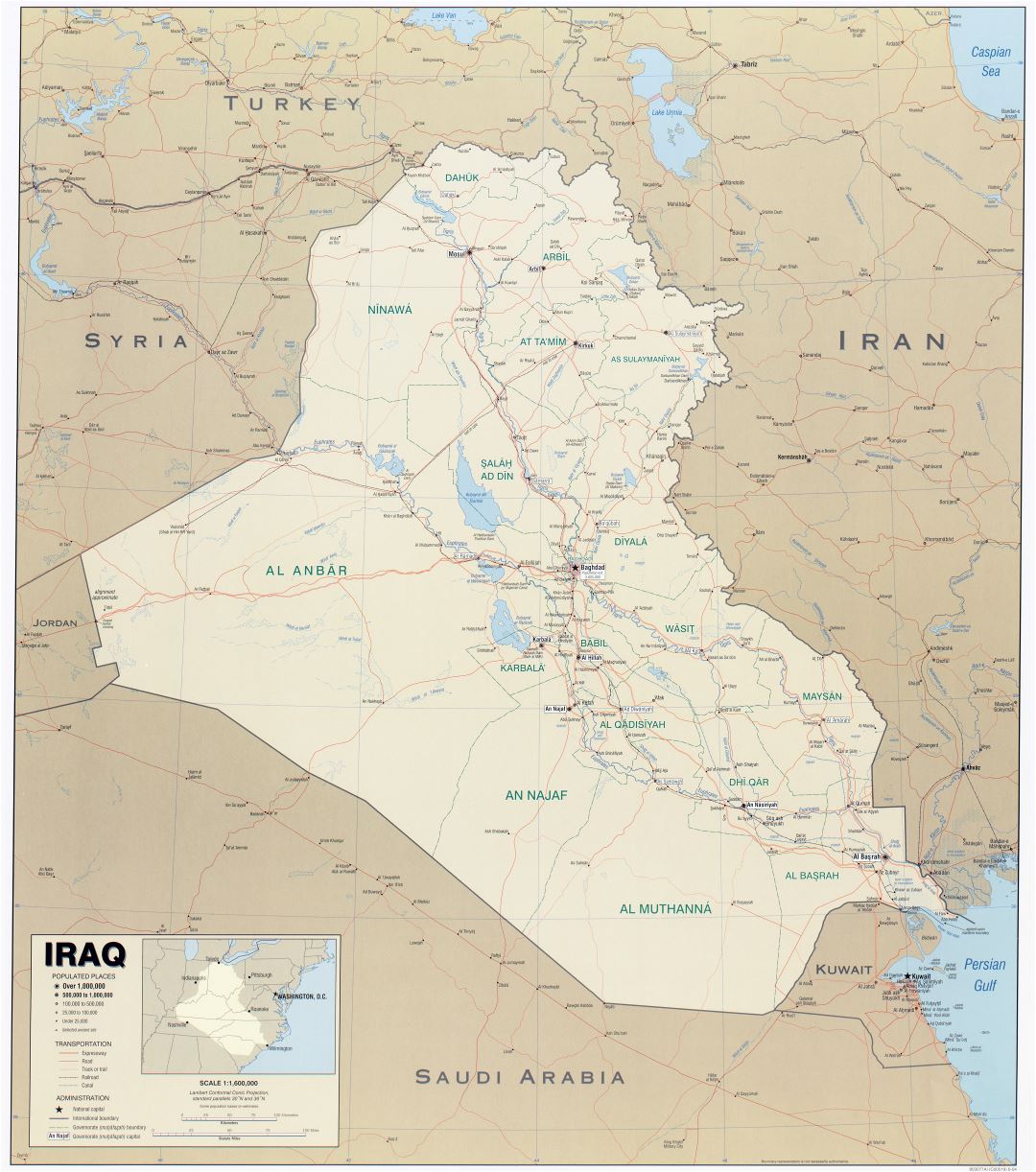 A gran escala mapa político de Iraq con otras marcas - 2004