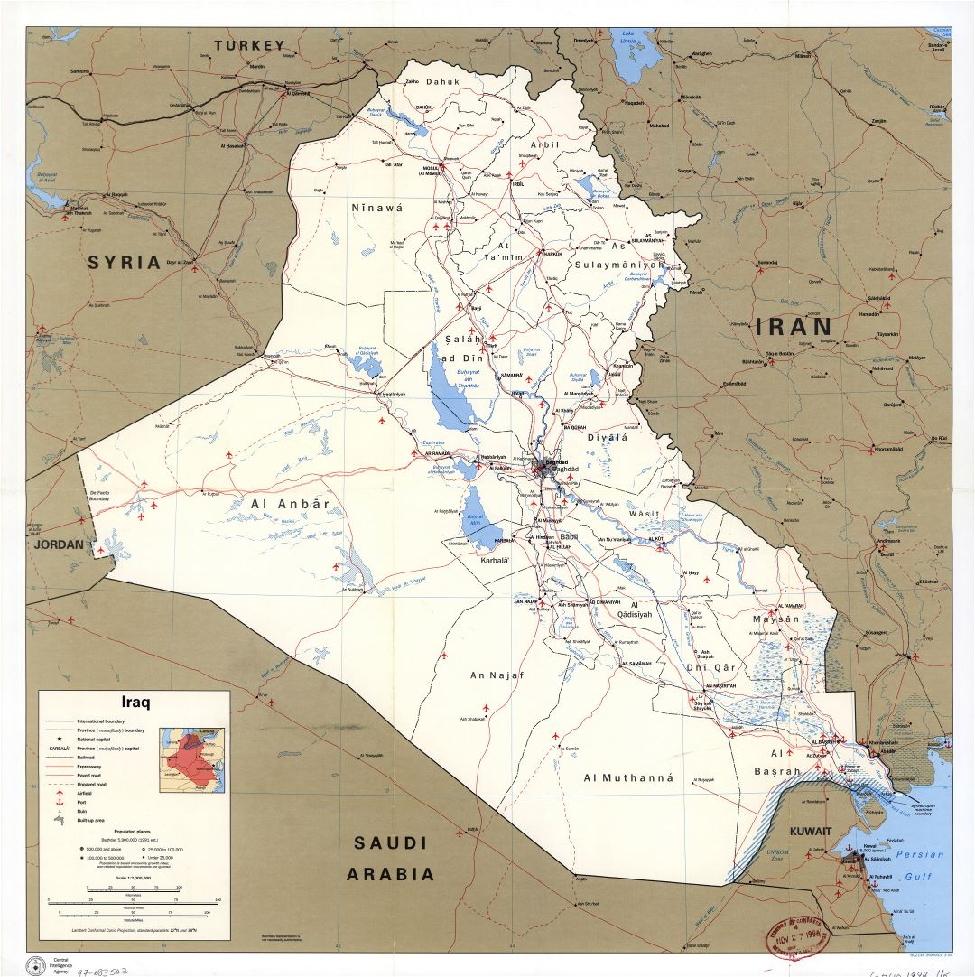 A gran escala mapa político y administrativo de Iraq con carreteras, ferrocarriles, ciudades, puertos, aeropuertos y otras marcas - 1994