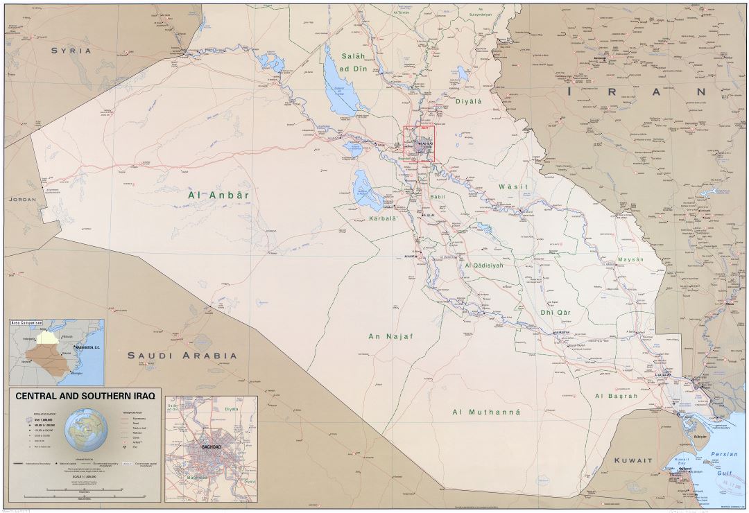 A gran escala mapa político y administrativo del centro y sur de Iraq con carreteras, ferrocarriles, ciudades, puertos, aeropuertos y otras marcas - 2004