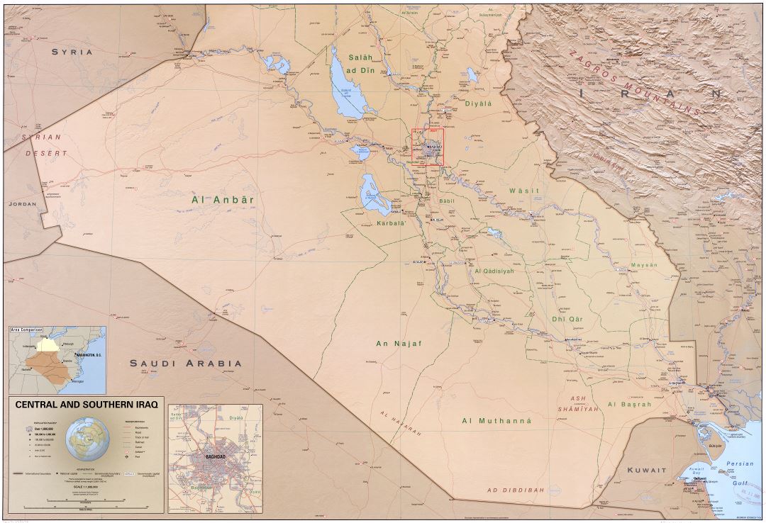 A gran escala mapa político y administrativo del centro y sur de Iraq con relieve, carreteras, ferrocarriles, ciudades, puertos, aeropuertos y otras marcas - 2004
