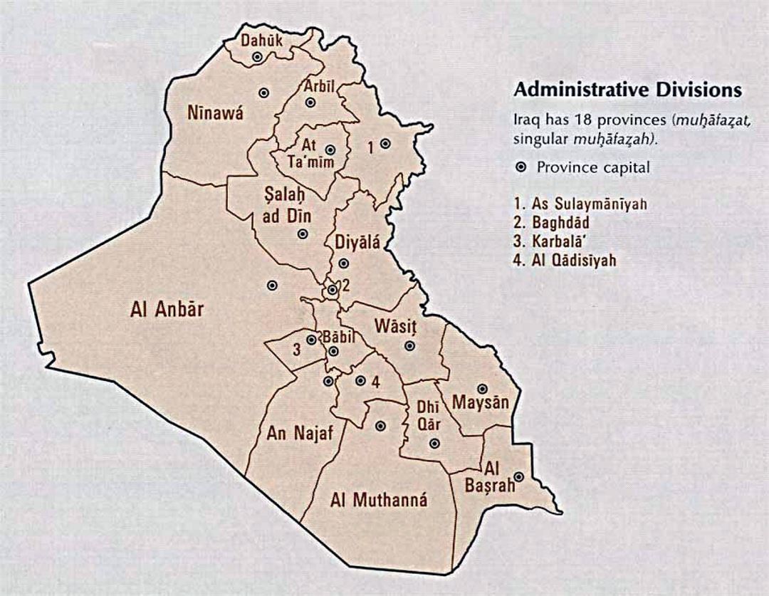 Detallado mapa de administrativas divisiones de Irak