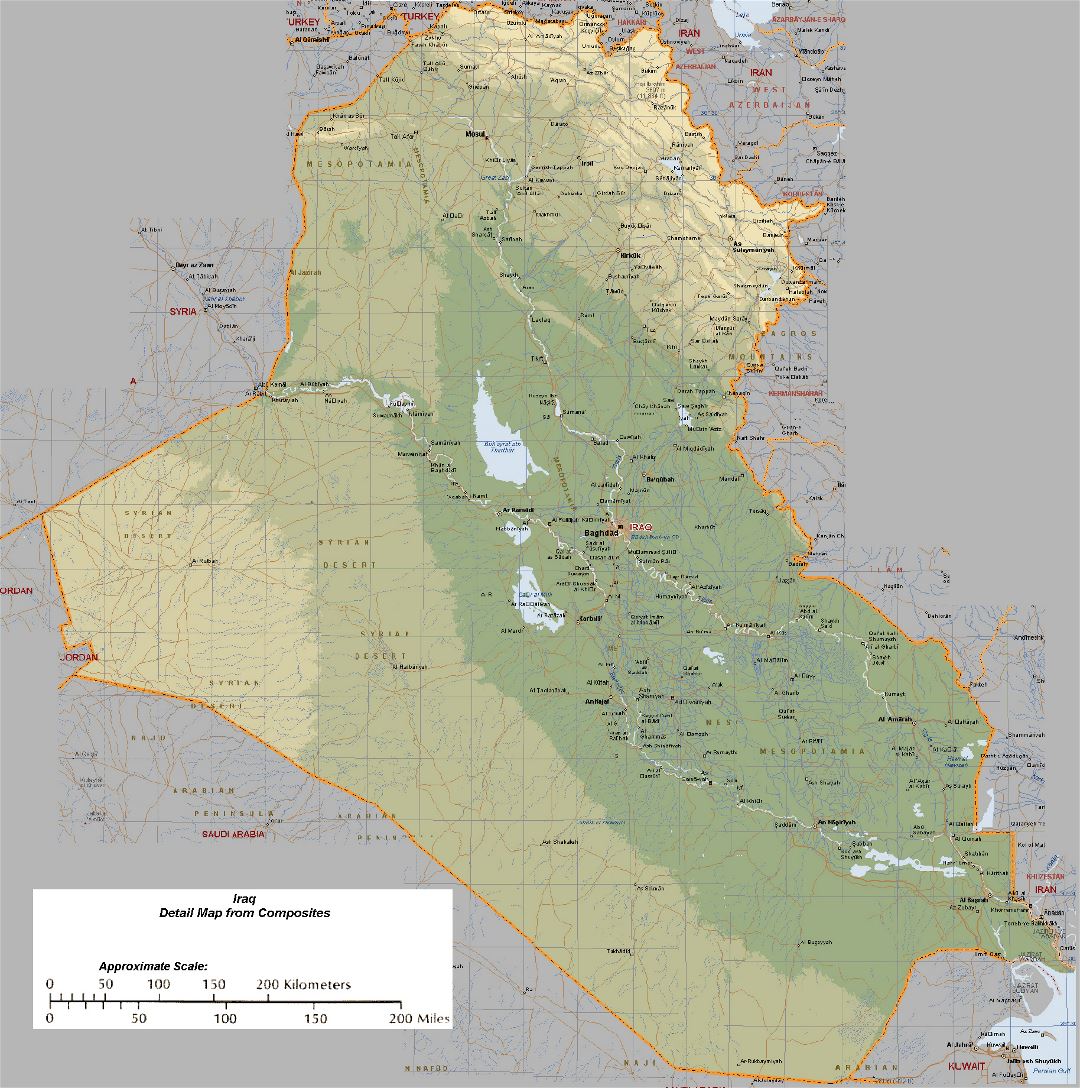 Detallado mapa de elevación de Iraq con carreteras y ciudades