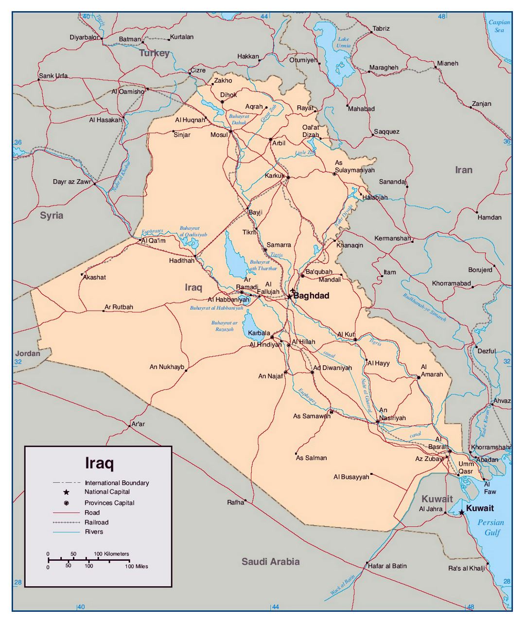 Detallado mapa político de Iraq con ríos, carreteras, ferrocarriles y grandes ciudades