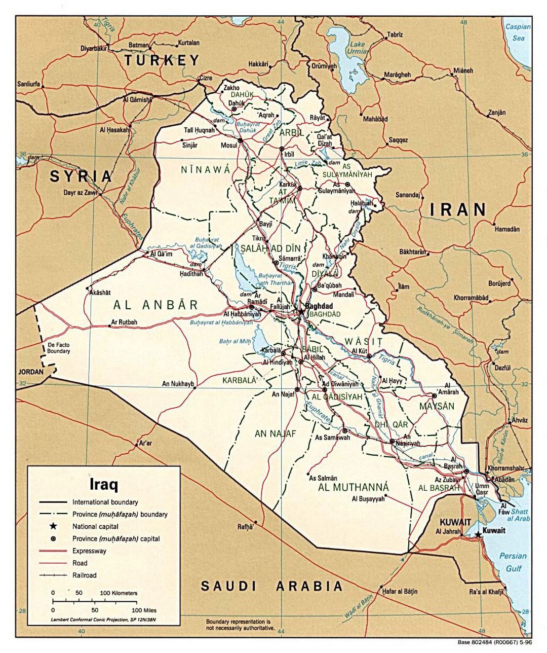 Detallado mapa político y administrativo de Irak con carreteras, ferrocarriles y principales ciudades - 1996