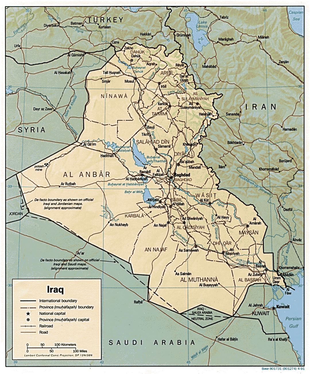 Detallado mapa político y administrativo de Irak con relieve, carreteras, ferrocarriles y principales ciudades - 1991