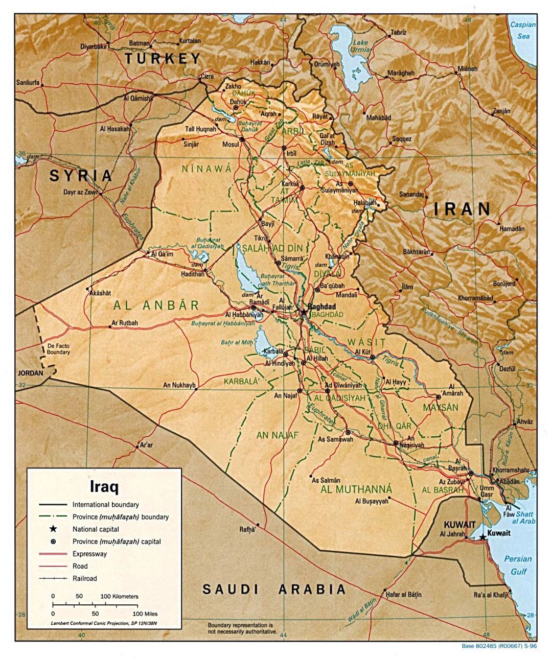 Detallado mapa político y administrativo de Irak con socorro, carreteras, ferrocarriles y principales ciudades - 1996