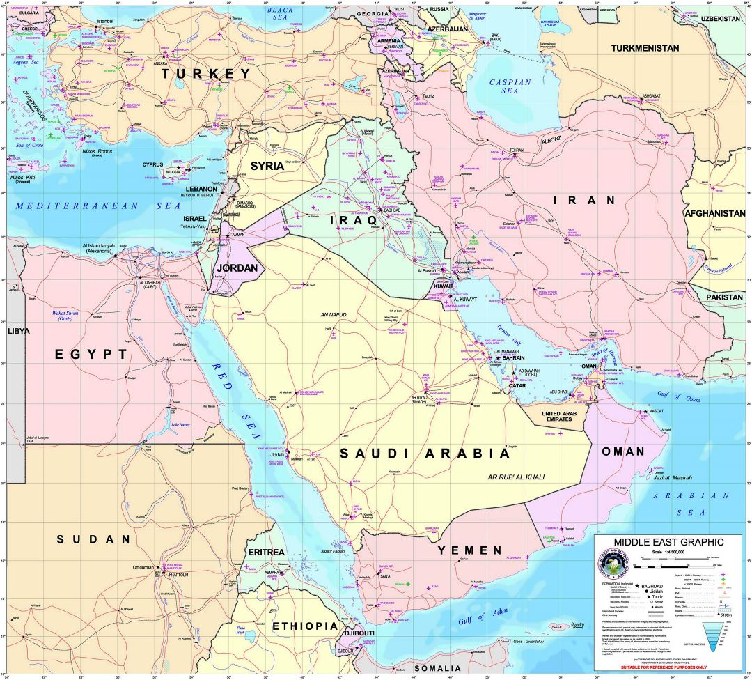Grande detallado mapa gráfico del Medio Oriente con todas las bases de la fuerza aérea - 2003