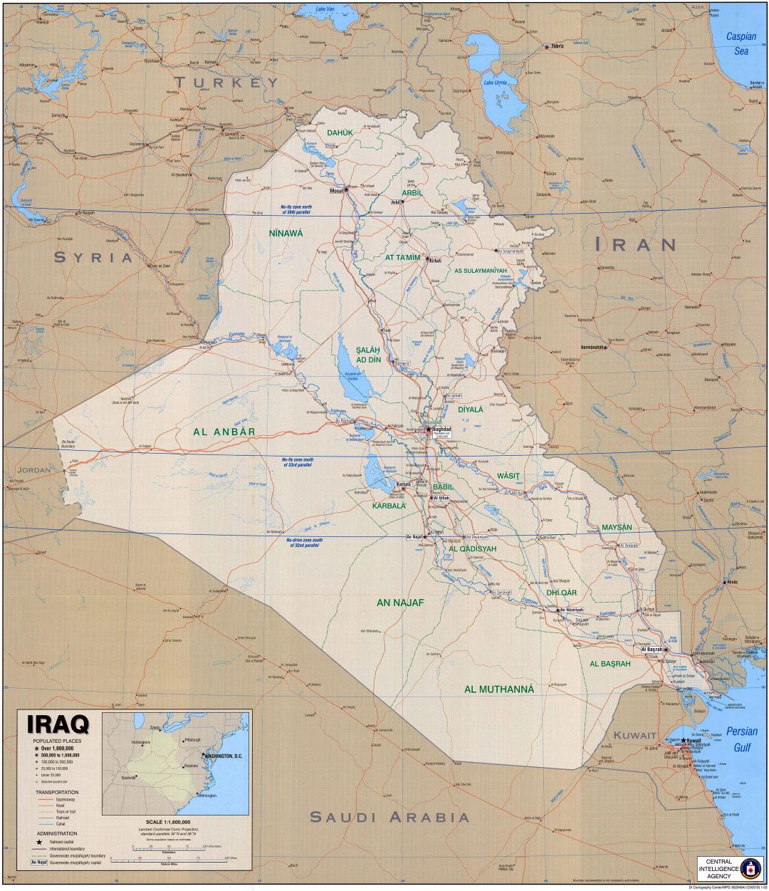 Grande detallado mapa político de Irak con carreteras, vías rápidas, ciudades y otras marcas - 2003