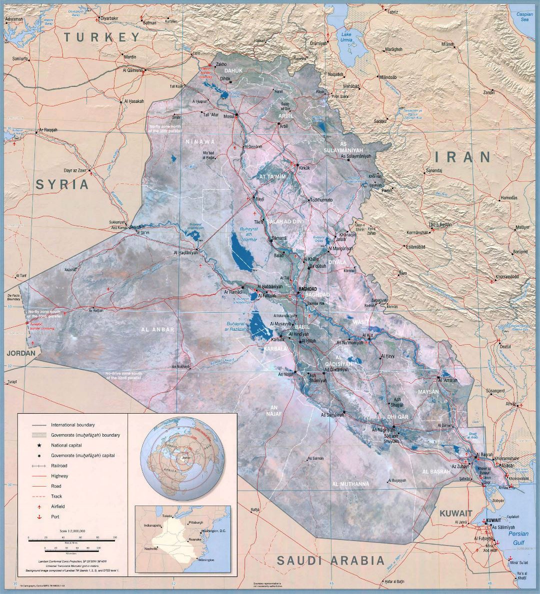 Grande detallado mapa político mural de Irak - 2003