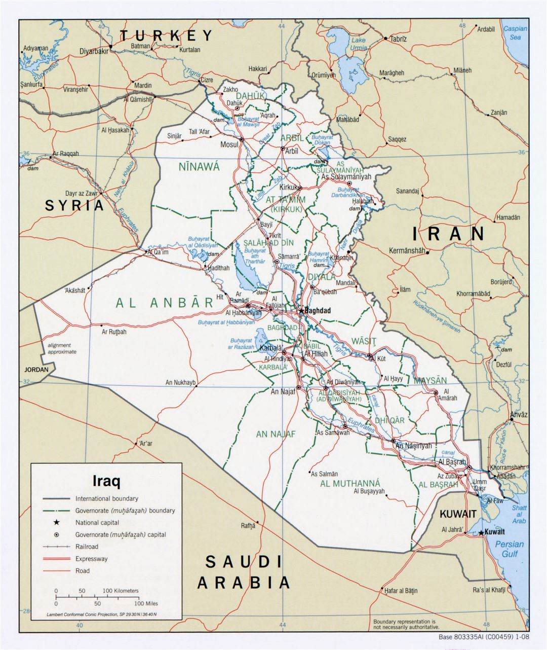 Grande detallado mapa político y administrativo de Irak con carreteras, autopistas, ferrocarriles y principales ciudades - 2008