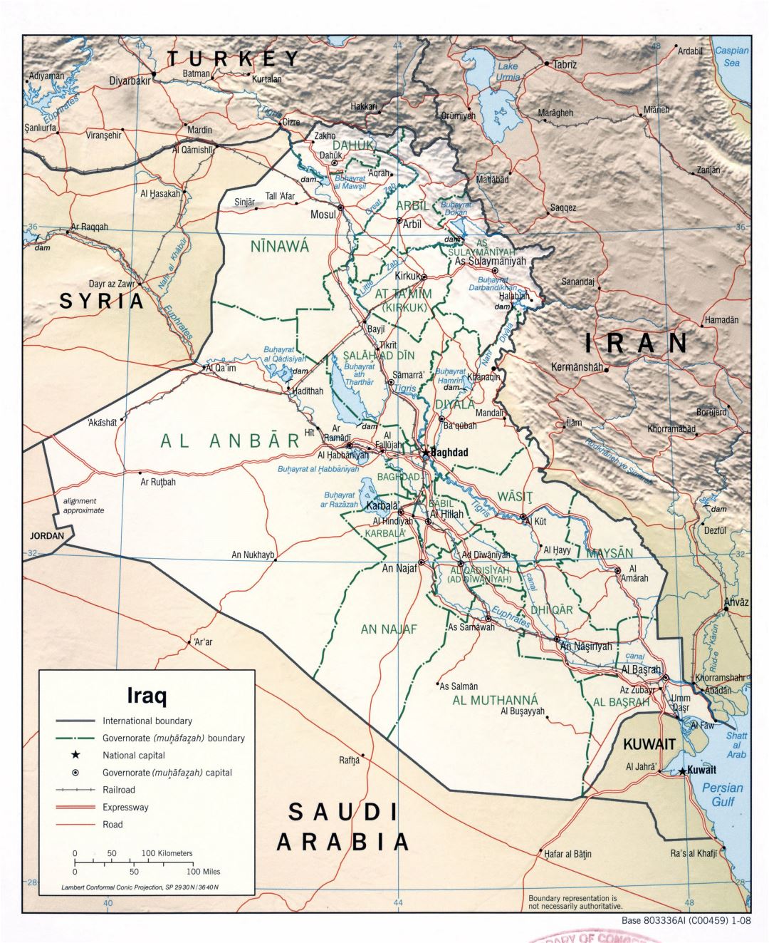 Grande detallado mapa político y administrativo de Irak con relieve, caminos, autopistas, ferrocarriles y principales ciudades - 2008
