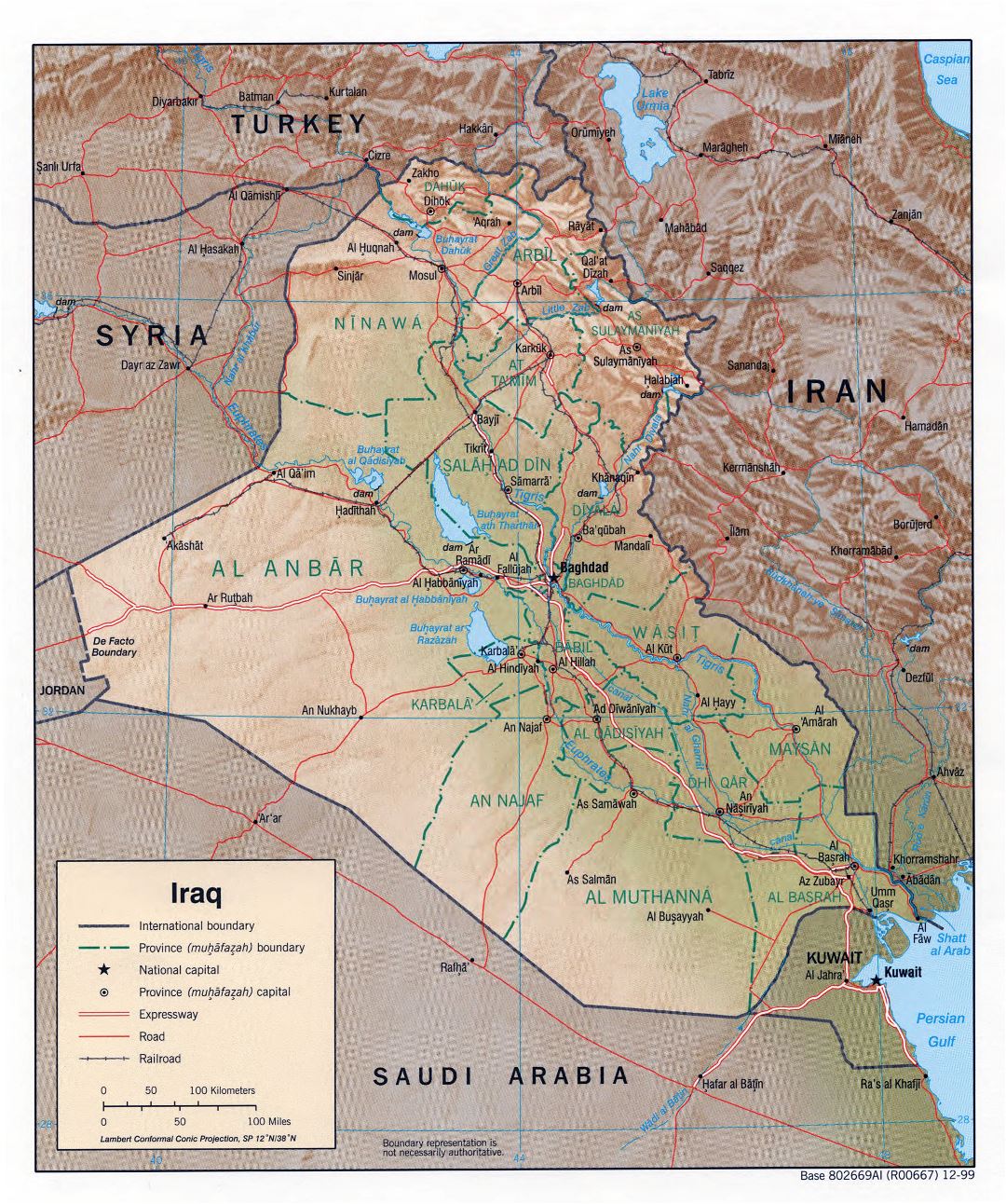 Grande detallado mapa político y administrativo de Irak con relieve, caminos, ferrocarriles y principales ciudades - 1999