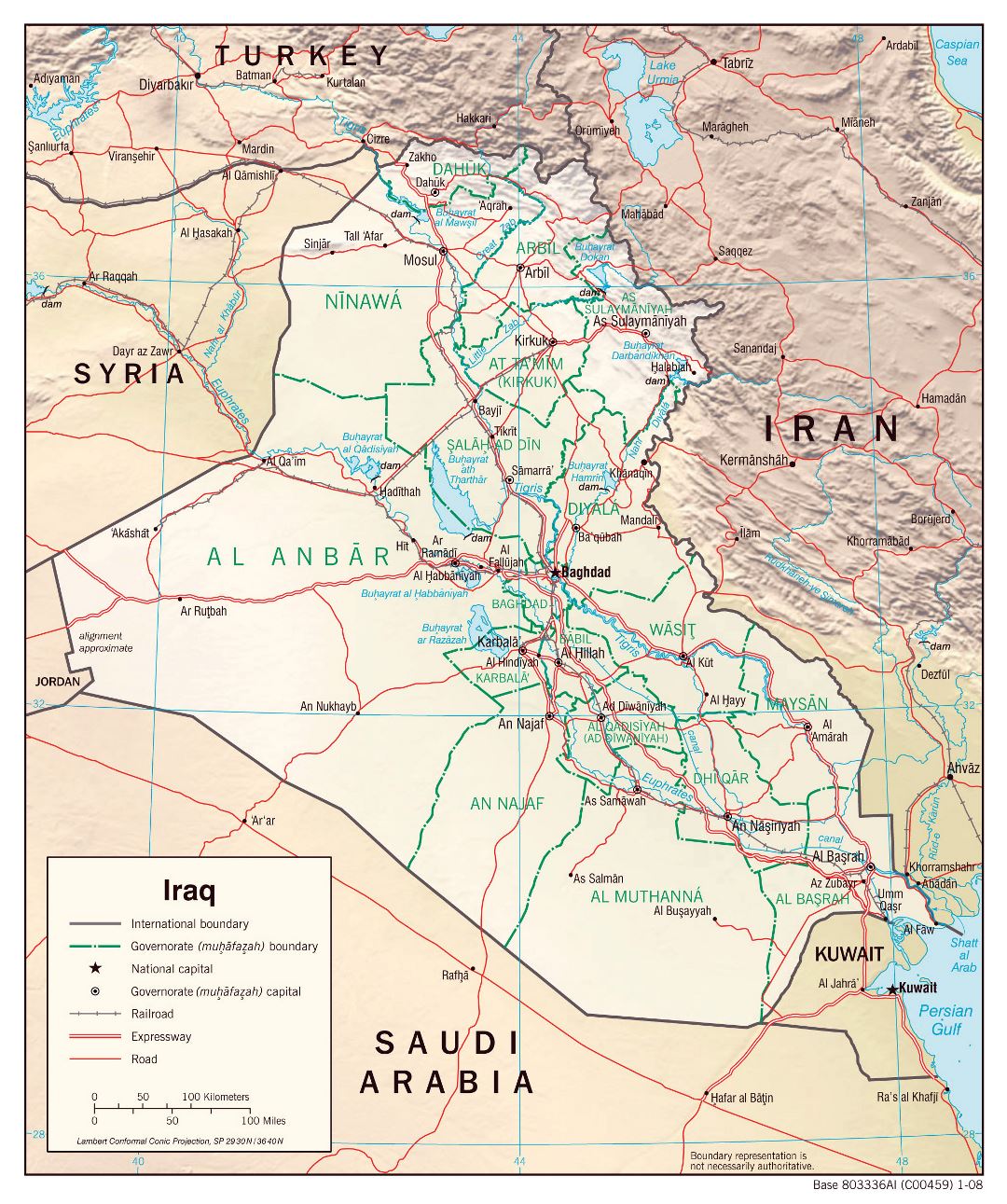 Grande detallado mapa político y administrativo de Irak con relieve, caminos y ciudades - 2008