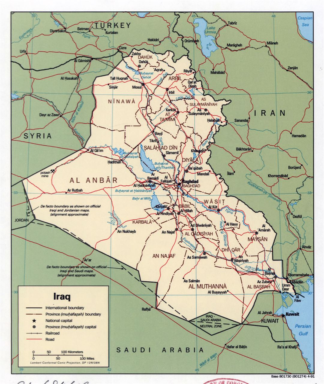 Grande detallado mapa político y administrativo de Iraq con carreteras, ferrocarriles y principales ciudades - 1991