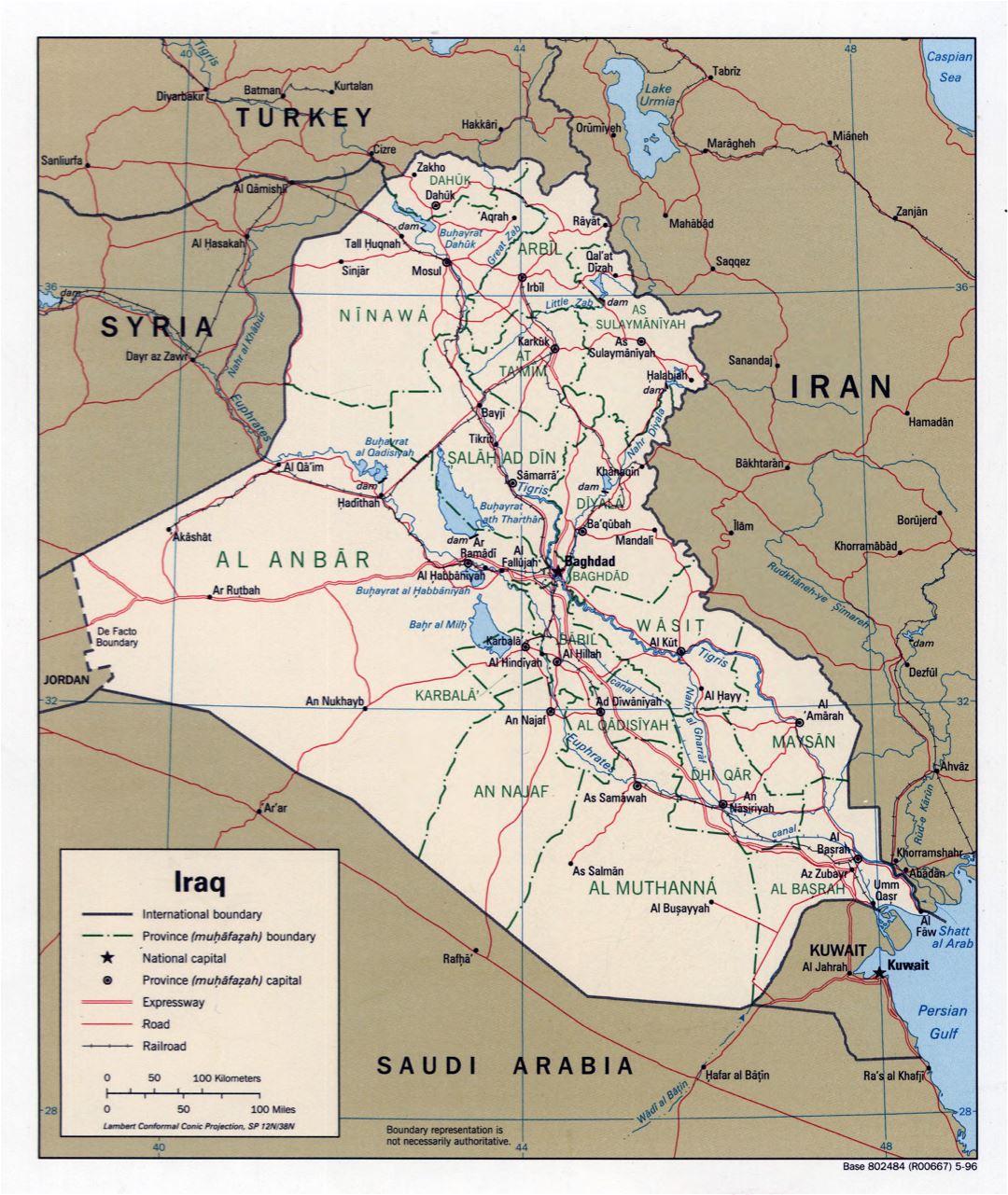 Grande detallado mapa político y administrativo de Iraq con carreteras, ferrocarriles y principales ciudades - 1996