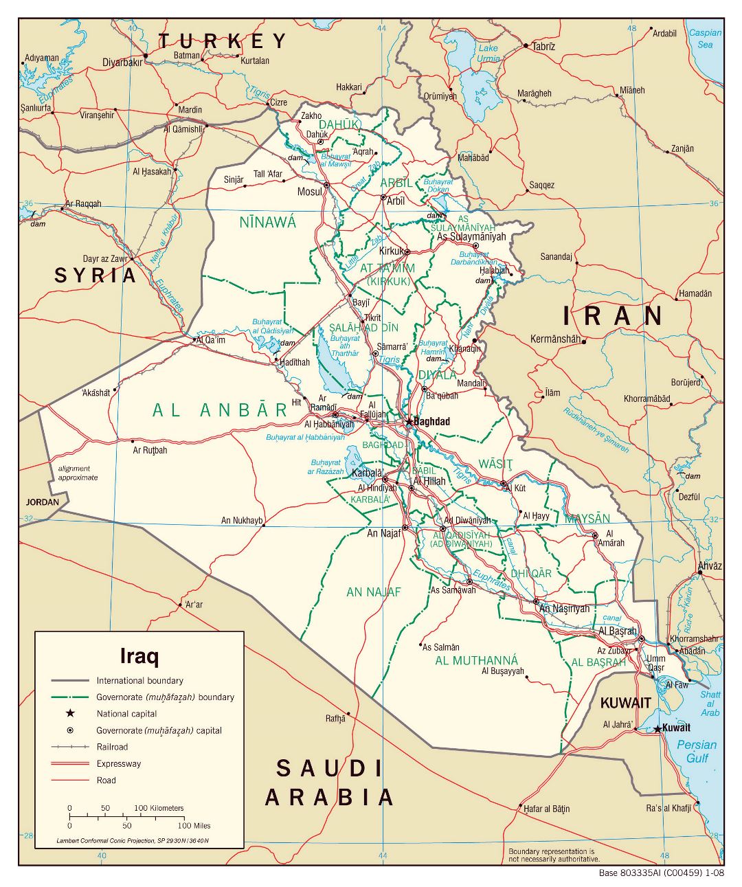 Grande detallado mapa político y administrativo de Iraq con carreteras y ciudades - 2008