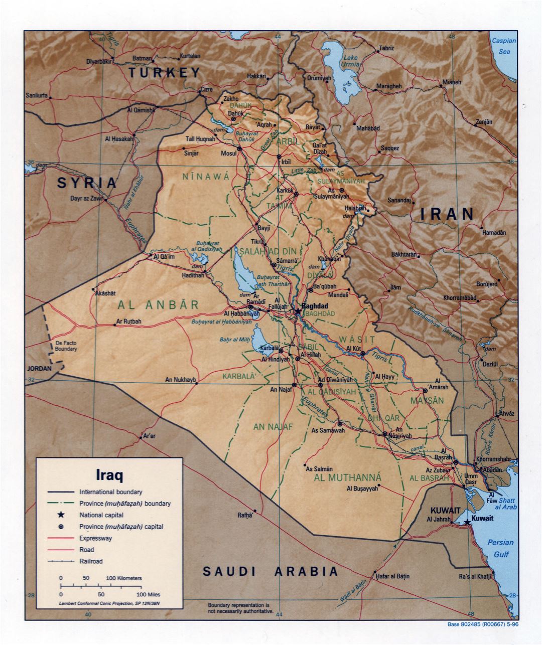 Grande detallado mapa político y administrativo de Iraq con relieve, caminos, ferrocarriles y principales ciudades - 1996