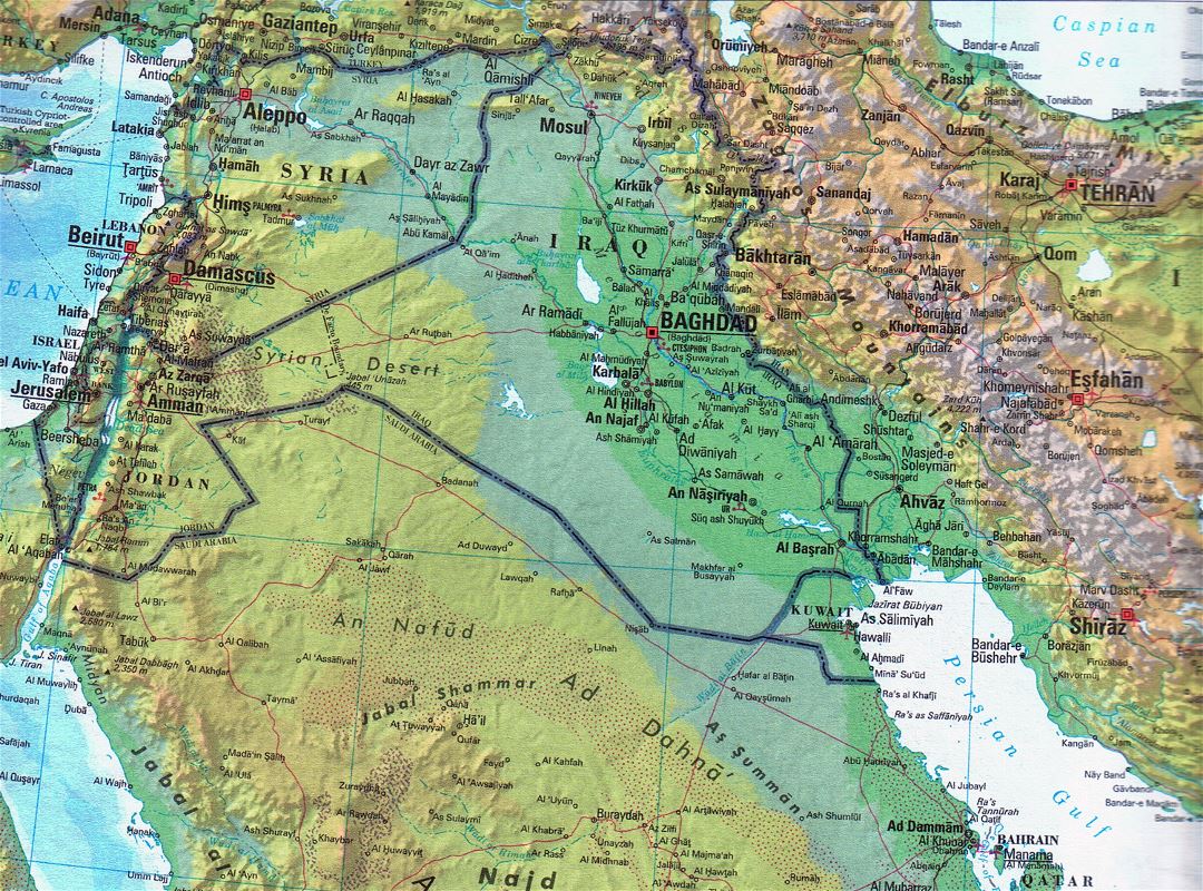 Grande detallado mapa topográfico y político de Iraq