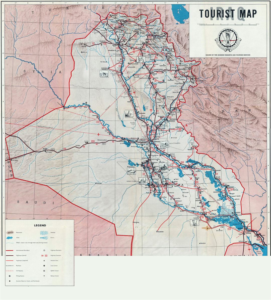 Grande detallado mapa turístico de Iraq - 1970