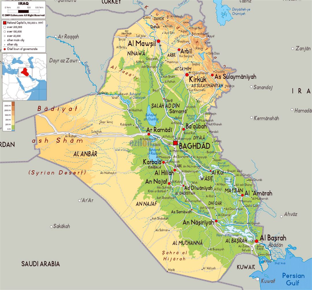 Grande mapa físico de Irak con carreteras, ciudades y aeropuertos