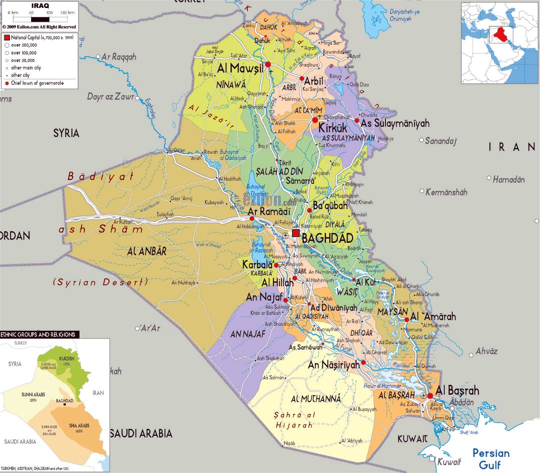 Grande mapa político y administrativo de Irak con carreteras, ciudades y aeropuertos