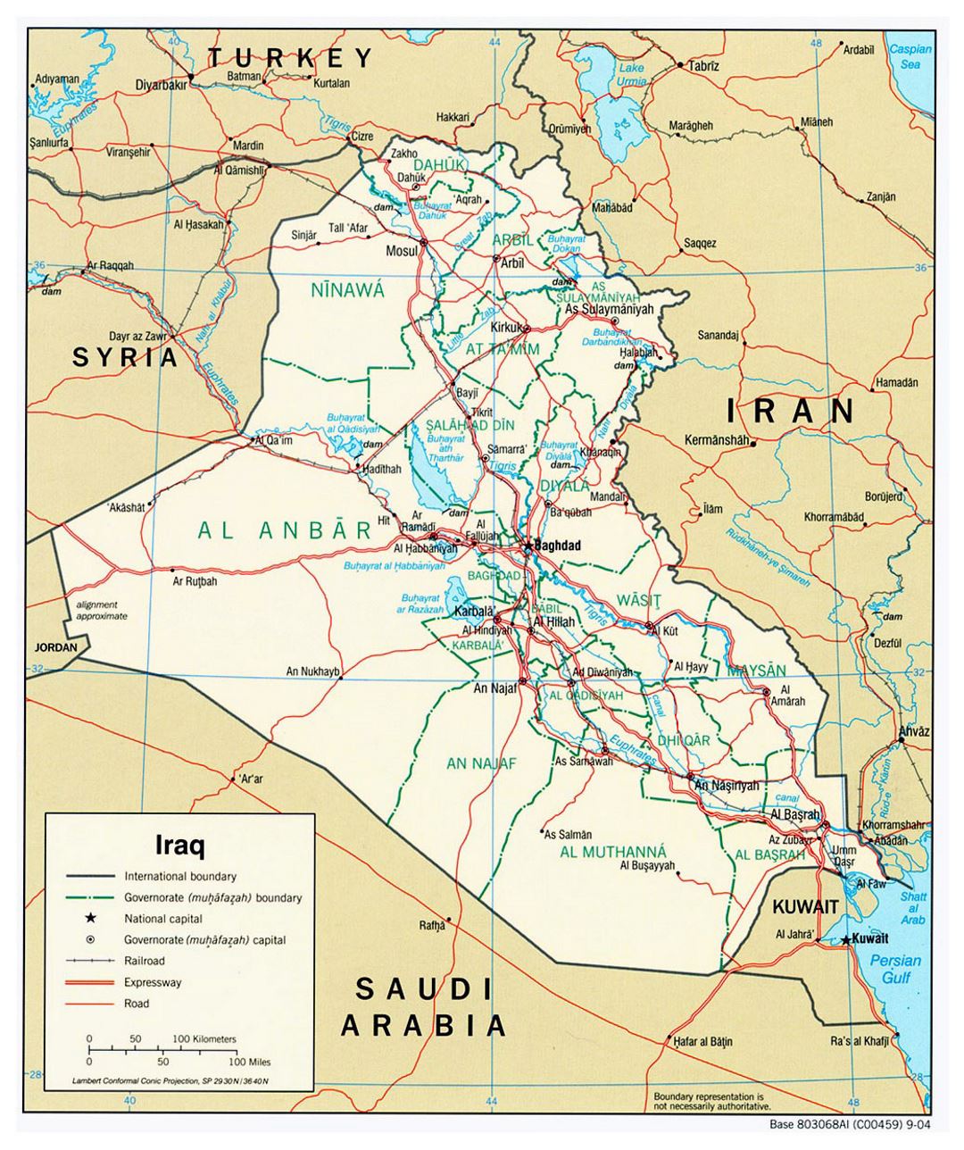 Grande mapa político y administrativo de Irak con carreteras y ciudades - 2004