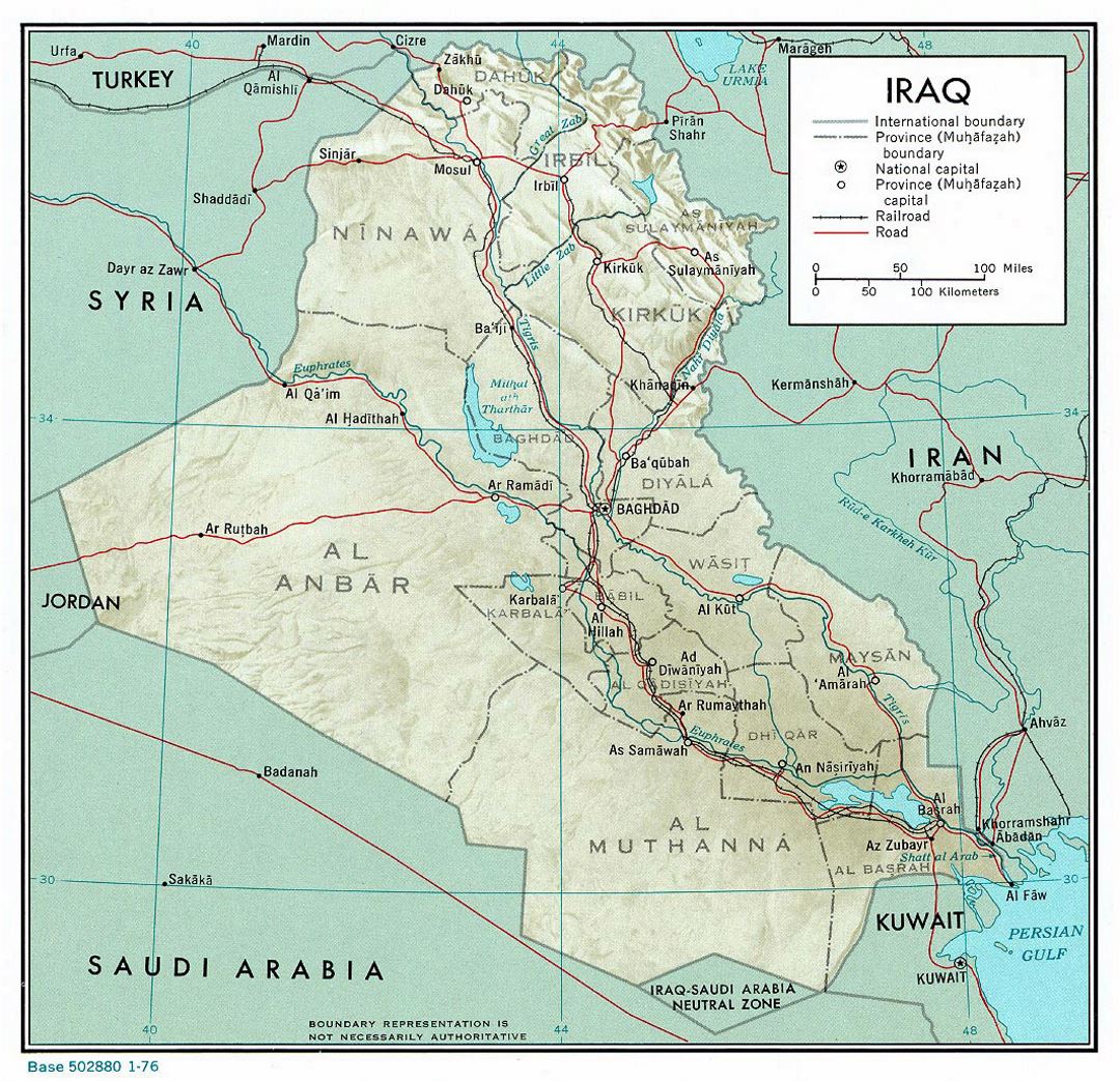 Grande mapa político y administrativo de Irak con socorro, carreteras, ferrocarriles y grandes ciudades - 1976