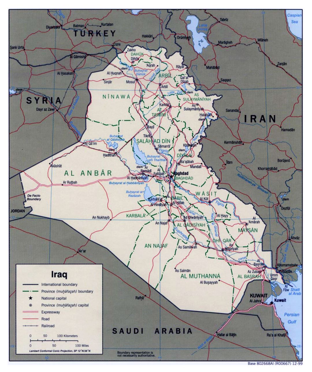 Grande mapa político y administrativo de Iraq con carreteras, ferrocarriles y principales ciudades - 1999