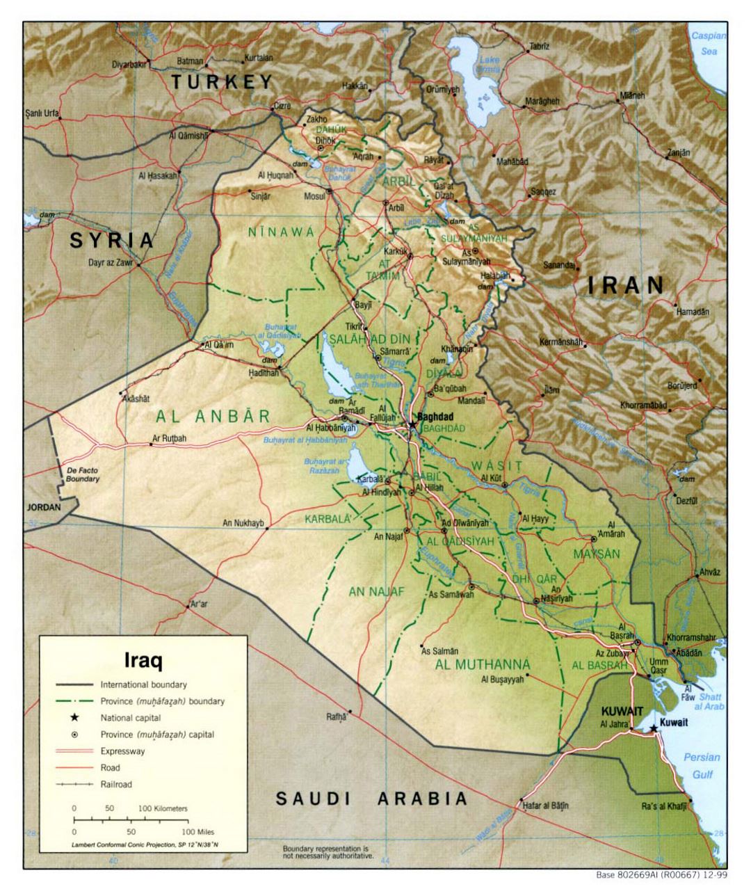 Grande mapa político y administrativo de Iraq con relieve, carreteras, ferrocarriles y principales ciudades - 1999