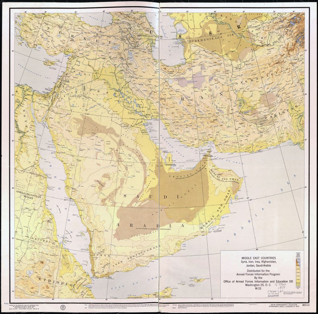 A gran escala detallado de mapa antiguo países de Oriente Medio: Siria, Irán, Irak, Afganistán, Jordania y Arabia Saudita - 1955