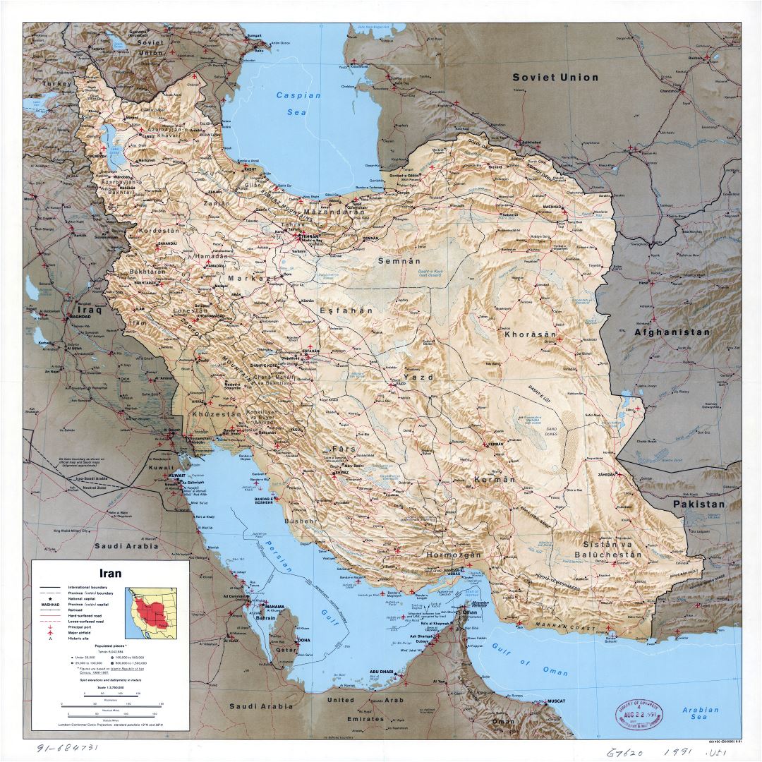 A gran escala mapa político de Irán con relieve, todas carreteras, ferrocarriles, ciudades, puertos, aeropuertos y otras marcas - 1991