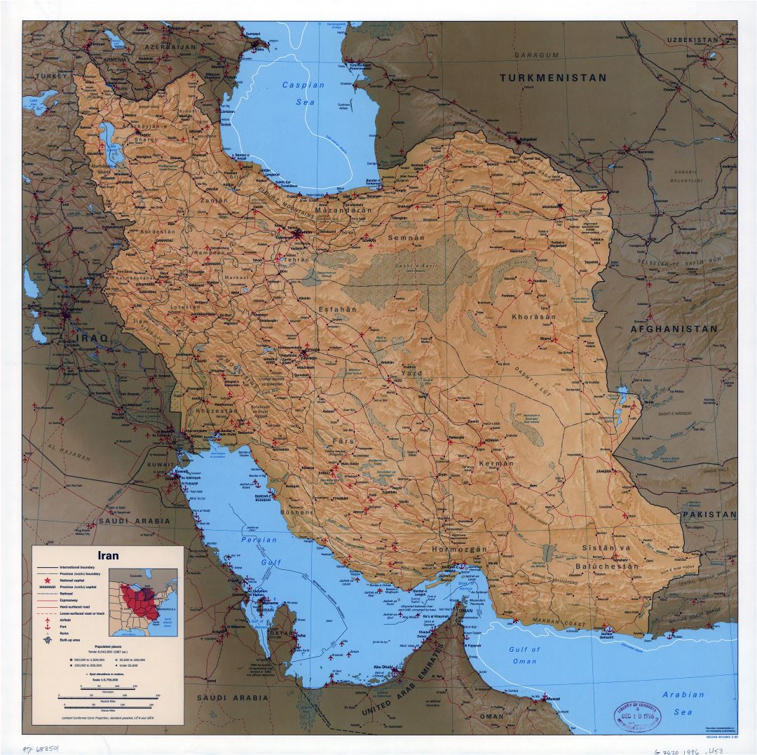 A gran escala mapa político de Irán con relieve, todas carreteras, ferrocarriles, ciudades, puertos, aeropuertos y otras marcas - 1996