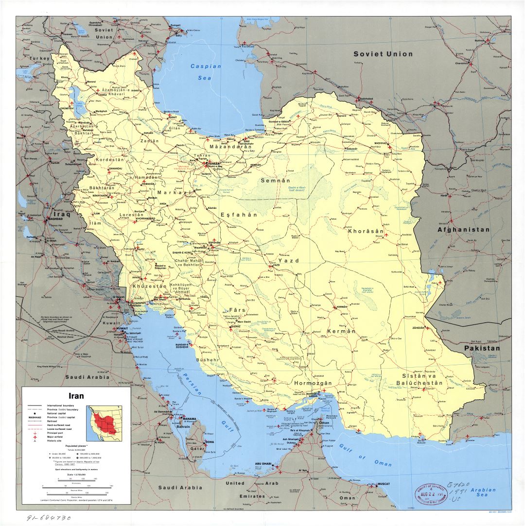 A gran escala mapa político de Irán con todas carreteras, ferrocarriles, ciudades, puertos, aeropuertos y otras marcas - 1991