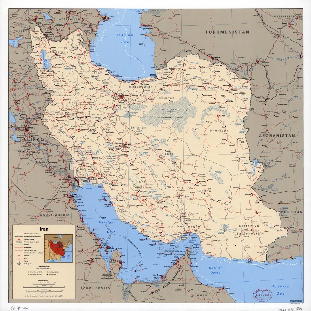 A gran escala mapa político de Irán con todas carreteras, ferrocarriles, ciudades, puertos, aeropuertos y otras marcas - 1996