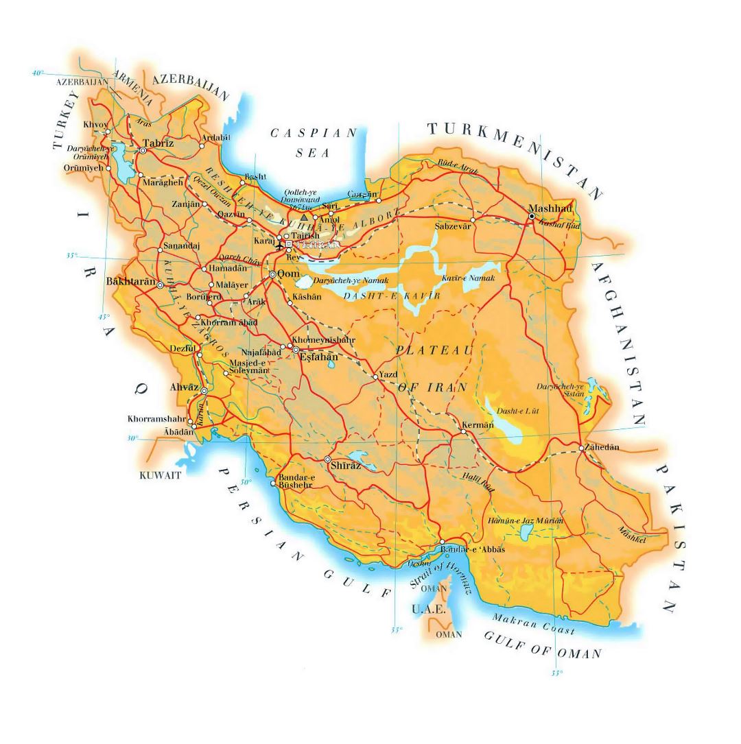 Detallado mapa de elevación de Irán con carreteras, ciudades y aeropuertos
