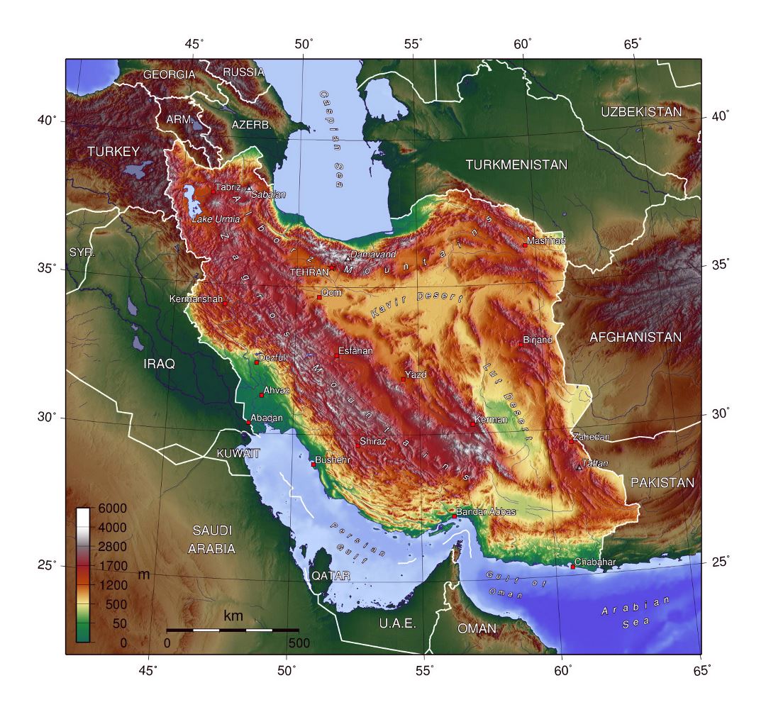 Detallado mapa físico de Irán