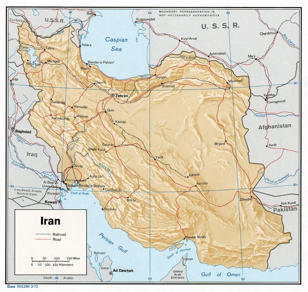 Detallado mapa político de Irán con socorro, carreteras, ferrocarriles y principales ciudades - 1973