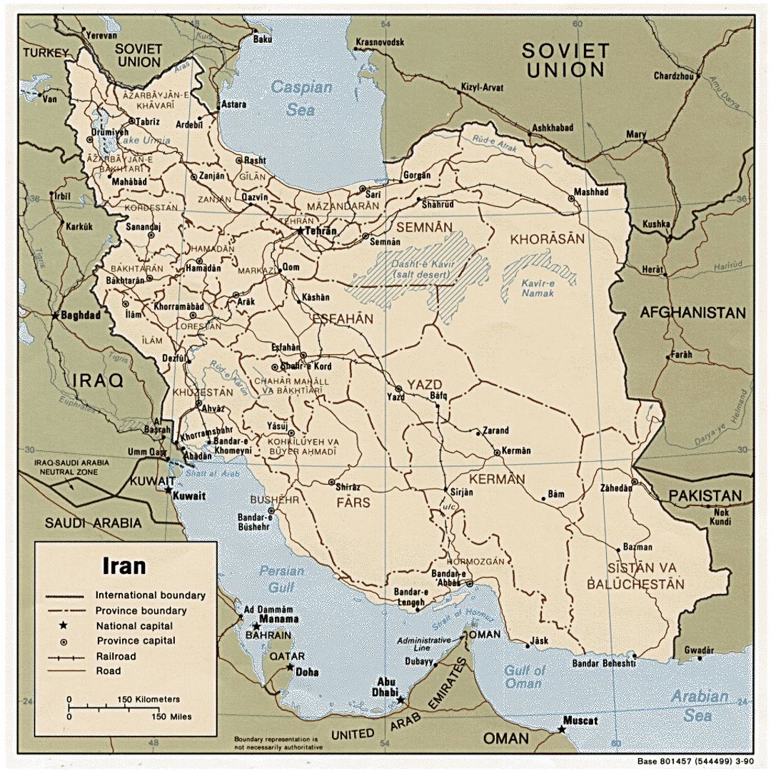 Detallado mapa político y administrativo de Irán con carreteras, ferrocarriles y ciudades - 1990