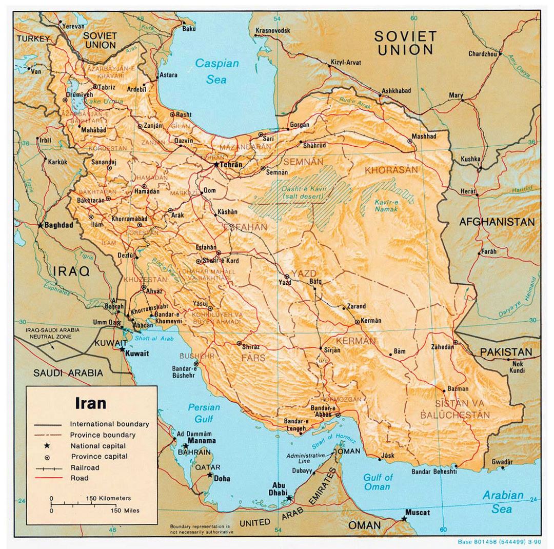 Detallado mapa político y administrativo de Irán con socorro, carreteras, ferrocarriles y ciudades - 1990