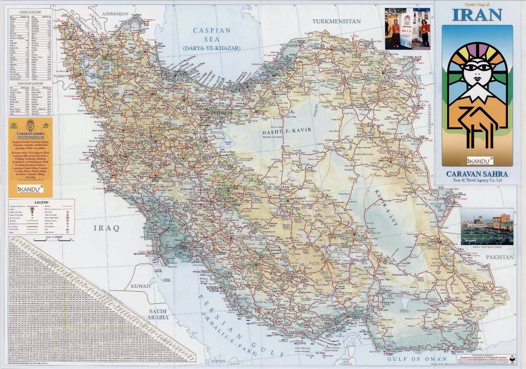 Grande detallado guía mapa de Irán con todos los caminos y ciudades